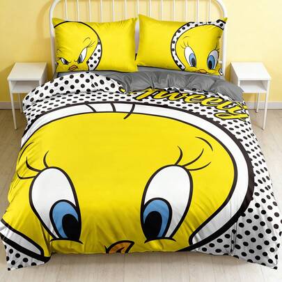 LOONEY TUNES X SHEIN 三件套黄色翠迪印花被套，磨毛材质，柔软保暖，多种尺寸可选，适用于单人床/双人床/大号床/特大号床，可机洗
