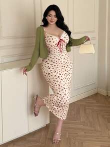 Vibekara 大码女式春夏长袖针织开衫+吊带花卉蝴蝶结腰带樱桃水果印花优雅复古可爱甜美休闲度假裹身裙两件套 - 綠色 - 查看 5