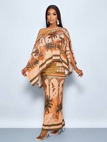 SOLERSUN Sexy And Elegant Women's Beach Vacation Spring/Summer Two Pieces Set With Off-Shoulder Skirt And Top, Featuring Artistic Print. Tropical Beach Kimono Caftan Dress Kaftans For Women Palm Tree Dress Kimono Cover Up - Brown - View 5