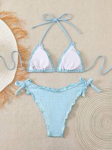 Swim Mod 2026SS New Women's Swimwear Arrival For Holiday, Date, Western, Cruise, Beach, Island, Road Trip, All Seasons, Music Festival, Boho Vacation,Bohemian Vacation, Chill Autumn Boho Y2K Hollow Textured Fabric Blue Cute Elegant Retro Casual Beach Vacation Women Swimwear Set - Multicolor - View 5