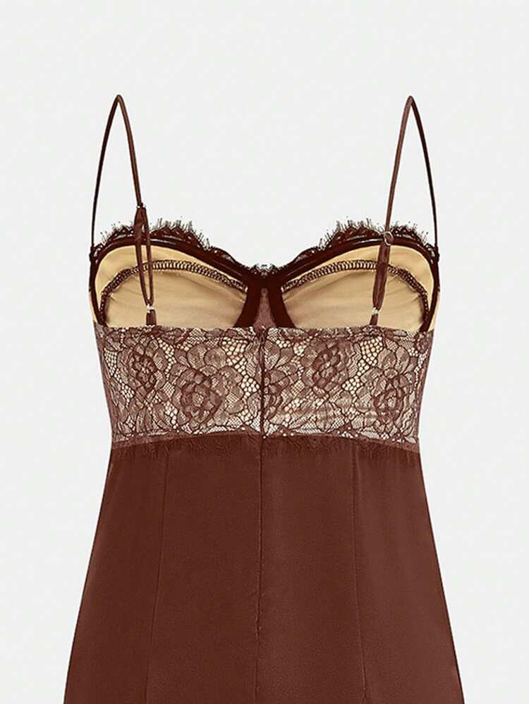 Brown Satin And Lace Slip Midi Dress With Lace Hem Elegant Party Look Romantic Sexy Dress
