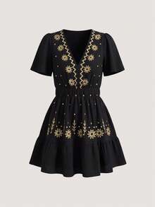 Chiquease Đầm chữ A ngắn thêu eo thon gọn cổ chữ V - màu đen - Xem 9