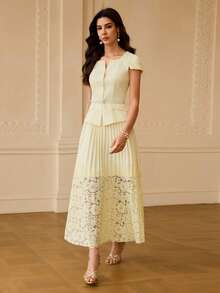 ZEYLAH Bộ 2 món áo trơn màu thanh lịch có viền ren và chân váy xếp ly cho nữ - Màu vàng - Xem 5