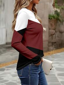 EMERY ROSE Women's Long Sleeve T-Shirt,Burgundy Color Block Patchwork Printed Blouse,Elegant Autumn Casual Everyday Minimalist Style Versatile Comfortable Top - Grey - View 4