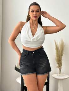 SHEIN Women High-Rise Dark Wash Frayed Hem Denim Shorts - Dark Wash - View 5