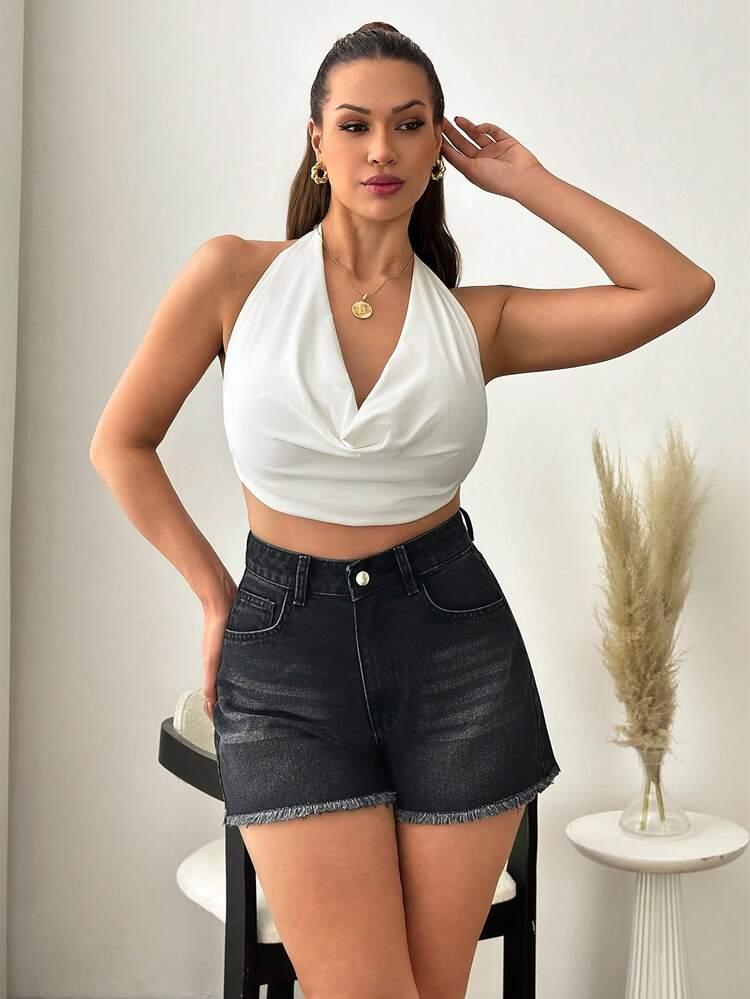 SHEIN Damskie szorty jeansowe z wysokim stanem i ciemnym przetarciem - Ciemny jeans - Zobacz 5