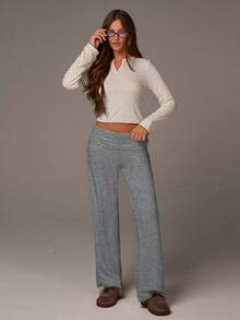 Athîral Women's Casual Solid Color Fold-Over Waist Straight Leg Pants - Grey - View 5