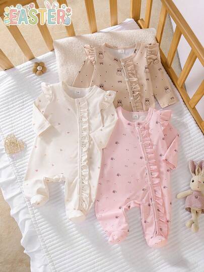 3pcs Newborn Infant Footed Rompers, Soft Ribbed Knit Crew Neck Long Sleeve, Adorable Heart, Flower, Bow, Rabbit Pattern Homeware, Best Gift For Newborns