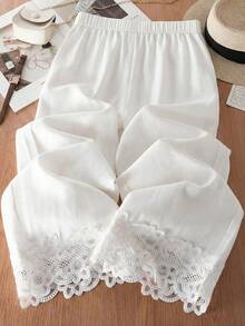 Franclia Casual Vacation Trousers Lace Splicing Trousers Elastic Waistband Diagonal Pockets Spring And Summer Trousers Women's Elegant Trousers Women's Commuting Versatile Trousers White Trousers Women's Holiday Trousers Women's Commuting Wear Trousers Women's Casual Trousers Women's Country Style Trousers Women's Wide-Leg White Trousers Women's Holiday Wear Trousers Women's Social Wear Trousers - White - View 2