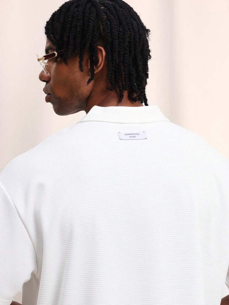 Camisa Polo de Manga Curta Texturizada para Homens com Gola Clássica e Botões para Uso Casual no Escritório no Verão