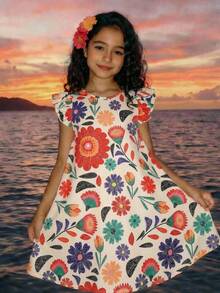 SHEIN Girls' Tropical Colorful Floral Ruffle Hem Round Neck Dress, Mommy And Me - Multicolor - View 2