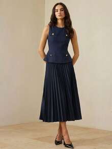 Aveloria Rosie Fashionable Commuter Thick Fabric + Pleated Hem Skirt Sleeveless Dress, Early Autumn - Navy Blue - View 5