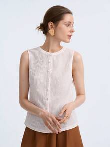 Aalyst Damen Sommer Ausflug, Date, Neujahr, Valentinstag, Ostern, Muttertag, Musikfestival, Naher Osten, Hochzeit, Sophisticated, Modisch, Elegant, Vintage, Casual, Minimalistisch, Pendeln, Romantisch, Urlaub ärmellose strukturierte Jacquard Rundhals Knopfleiste Figurbetontes Tank Top, Milchig Weiß - Beige - Übersicht 3