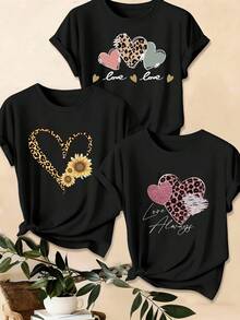 EMERY ROSE 3pcs Set Summer Casual English Letter And Heart Print T-Shirts, Short Sleeve Round Neck Graphic Tees Women Tops - Multicolor - View 3