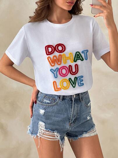 SHEIN Women's White "Do What You Love" Embroidered Colorful Star Loose Fit Casual Short Sleeve T-Shirt | Summer Cute Graphic Top