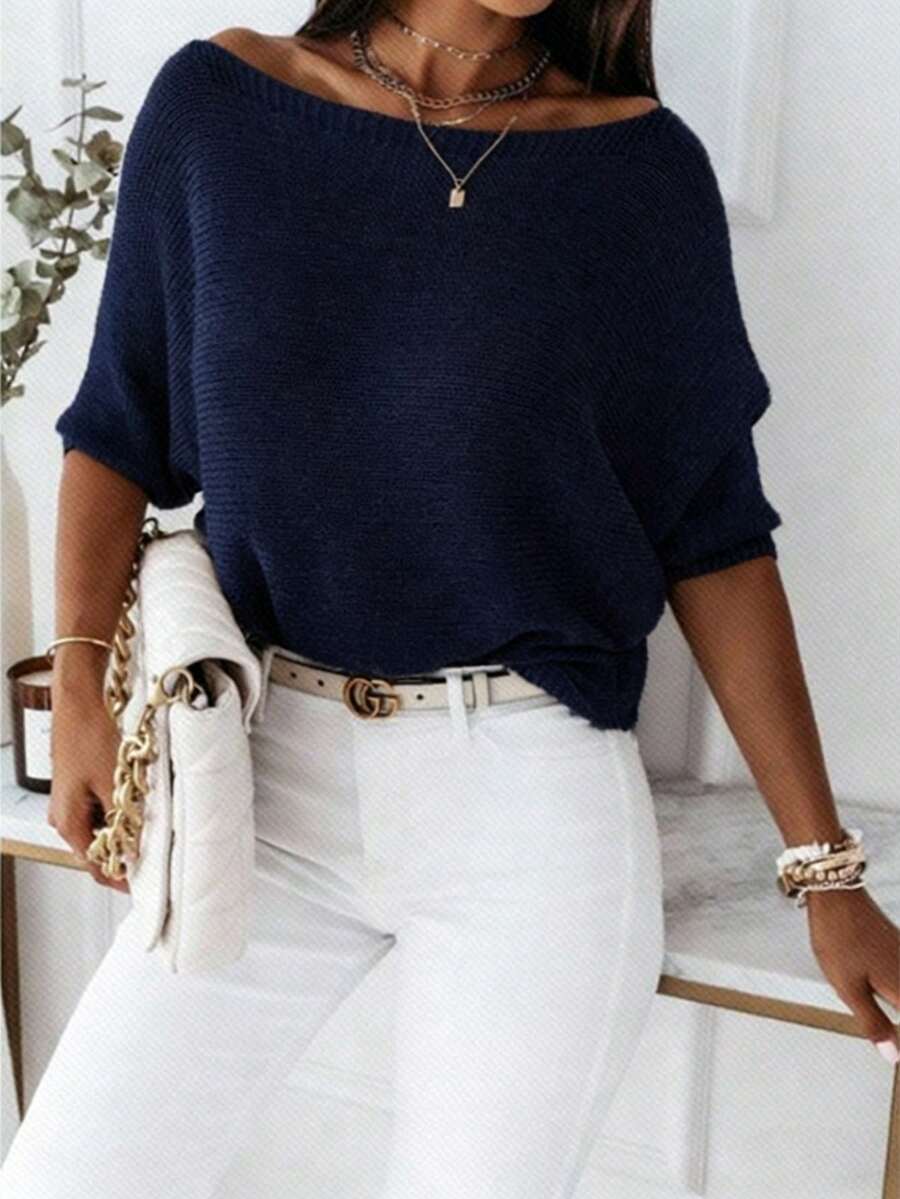 Pariaura Áo kiểu thanh lịch, màu trơn, cổ tròn, tay lửng 3/4 - Màu xanh lam - Xem 1