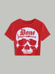 Rovax Women Skull Print Round Neck Cropped T-Shirt - Red - View 3