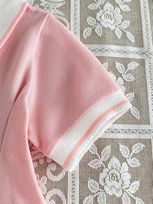 SHEIN Playful Pals Baby Girl Contrast Trim Casual Short Sleeve Dress - Pink - View 5