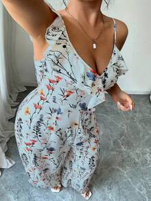 Selianne Women's Plus Size Floral Print Off-Shoulder Ruffle Jumpsuit,Light Blue Summer Boho Tea Party Wide Leg Spaghetti Strap Casual Romper Outfit - Blue - View 3