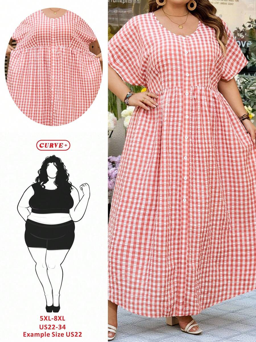 SHEIN CURVE+ 曲线款 US22 码 音乐节、海滨度假、波西米亚风女式格子V领蝙蝠袖单排扣休闲连衣裙 野餐连衣裙 夏季连衣裙 曲线款茶会连衣裙