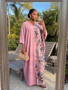 SHEIN Lady CURVE  Plus Size V-Neck Long Sleeve Solid Color Pink Flowers Patchwork Loose Casual Dress, Summer - Pink - View 4
