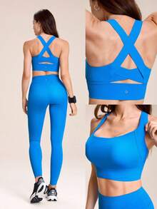 GLOWMODE Top corto de diseño cruzado, con copas extraíbles, de tela suave y compresiva, sin transparencia, con soporte y brillo, ideal para yoga, pilates y actividades diarias de bajo impacto, tallas grandes (DD+) - Blue Power - Ver 10