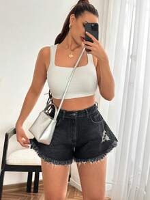 SHEIN Women Washed Detail Relax Fit Frayed Hem Mini Denim Short - Dark Wash - View 3