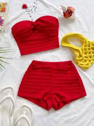 Soleia Ensemble 2 pièces Top bandeau texturé avec torsade devant et short, couleur unie, pour femmes, idéal pour les vacances d'été