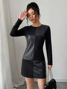 Cloudara Contrast Panel PU Leather Dress - Black - View 1