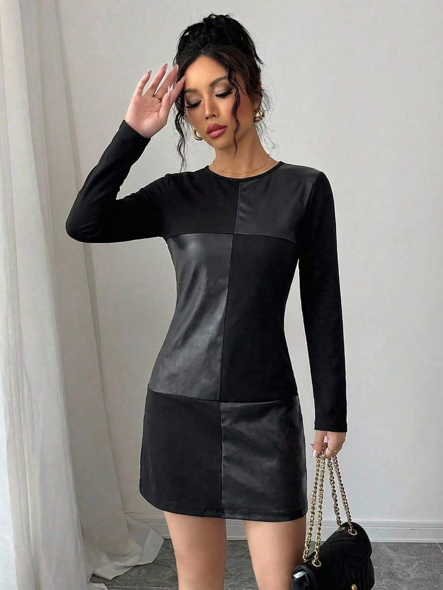 Cloudara Contrast Panel PU Leather Dress - Black - View 1