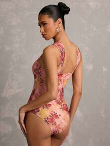 SHEIN BAE Elegant Floral Print Halter Neck Backless Bodysuit, Spring/Summer - Pink - View 2