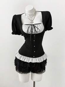 Sunspun 大码夏季休闲波点印花拼接T恤 - 黑與白 - 查看 3