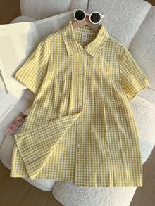 SHEIN 女士及少女法式休闲黄色格子褶裥短袖衬衫，清新百搭，春夏单件装 - 黃色 - 查看 3