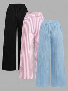 SHEIN Essnce Bộ 3 món quần dài kiểu hải quân kẻ sọc đen, xanh da trời và hồng nhạt/trắng, có dây thắt eo và túi, thích hợp cho kỳ nghỉ hè. - Nhiều màu - Xem 2