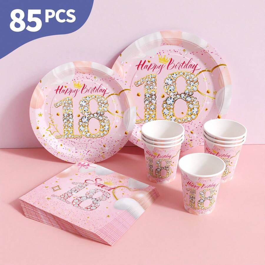 Pink Background Crown Diamond 18th Disposable Plates, Napkins And Cups Set, Serves 20 Guests. This Disposable Party Set (Including Plates, Napkins And Cups) Is Perfect For Birthday Parties, Weddings And Family Picnics. - View 1