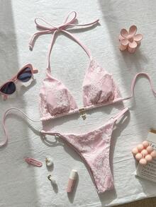 Swim Mod Women's Pink Lace Pattern Thongs Bikini Set With Halter Neckline And Tie Back Details - Pink - View 2