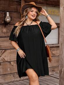 SHEIN CURVE+ 女款大尺碼露肩黑色夏季波西米亞度假洋裝，波西米亞風寬鬆休閒A字迷你洋裝，舒適透氣沙灘穿搭，US22 - 黑色 - 查看 7