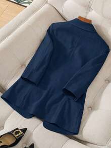 Franclia Áo blazer tay lỡ 3/4, cổ bẻ, eo thon, chất liệu vải lanh, dài đến 7/8, thiết kế cài nút, thích hợp cho mùa xuân, hè, thu, các dịp trang trọng, công sở, trang phục dạ hội thanh lịch. - Màu xanh hải quân - Xem 2
