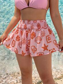 SHEIN EZwear Quần short dáng rộng, cỡ lớn, cạp chun, họa tiết biển, thích hợp cho mùa hè. - Màu Cam san hô - Xem 5