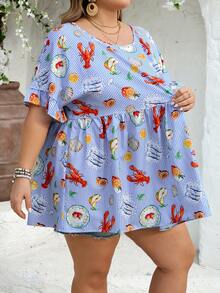 SHEIN CURVE+ 加大码 US22 音乐节、海滨度假、波西米亚风印花休闲度假衬衫 夏季/乡村/海滩度假/沙滩装、夏季上衣 - 藍色 - 查看 9