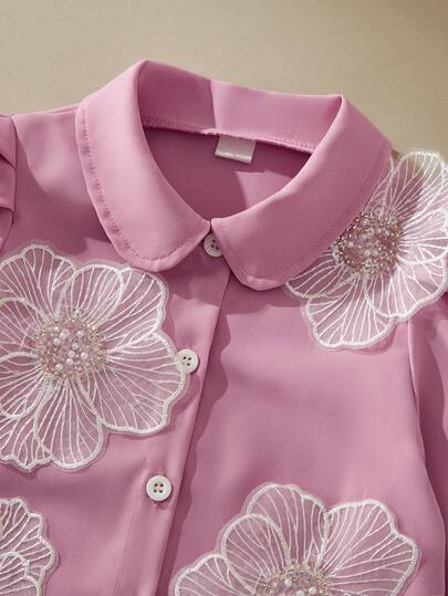 SHEIN Young Girl Floral Decor Petal Sleeve Blouse