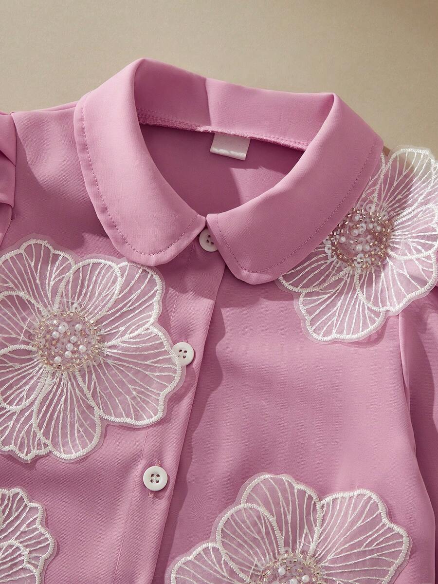 SHEIN 少女花卉装饰花瓣袖衬衫 - 藕粉色 - 查看 1