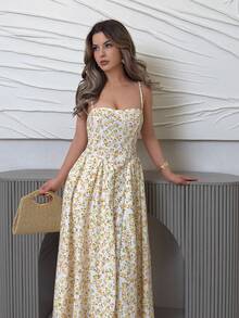 Jemour 春夏黄色度假休闲碎花细肩带飘逸背心裙 - 彩色 - 查看 4