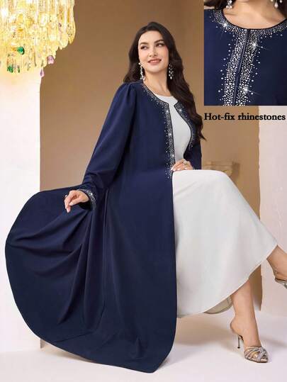 Veilorie Plus Size Women's Rhinestone Decor Round Neck Elegant Long Sleeve Abaya