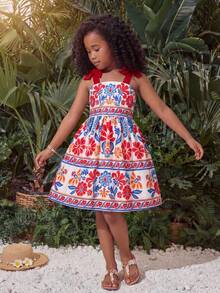 SHEIN Young Girl Woven Print, Bowknot Floral Pleated Camisole Dress - Red - View 11