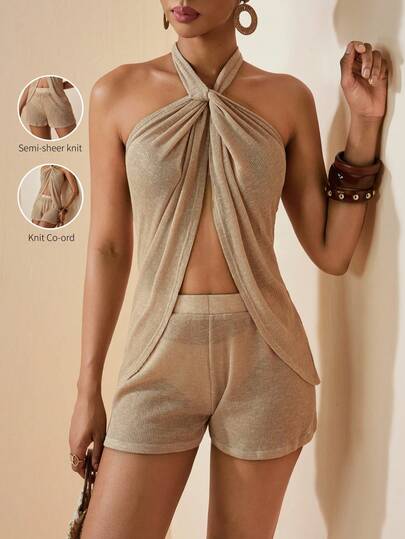 Zivah 2026 Women's Vacation Casual Beach Sheer Knit Camisole Top And Shorts Set, Khaki