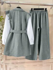 GlowEve Women's Notched Collar Open Front Cinched Waist Waist Top And Loose Straight Leg Pants 2 Pieces Set - Grey - View 2