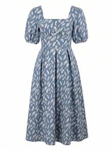 Mulvari Robe élégante et romantique à manches longues, taille cintrée et coupe évasée, en jacquard vert, pour le printemps/été - Vert - Voir 5