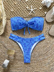 Swim Mod Floral & Leaf Print Green Crochet Cute Elegant Retro Casual Beach Holiday Women Swimsuit Set - Multicolor - View 2