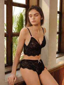 2-Piece Floral Lace Lingerie Set - Adjustable Strap Breathable Knit Bra & Bow Panty - Women's All-Season Underwear - Black - View 9